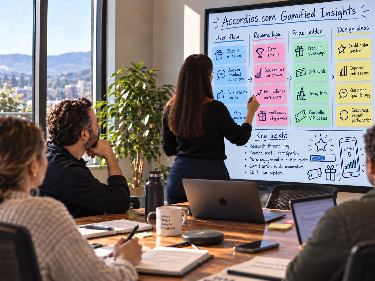 Alejandra at a digital whiteboard in a meeting room, mapping a gamified insights concept into user flow, reward logic, a prize ladder and design ideas while three colleagues look on.