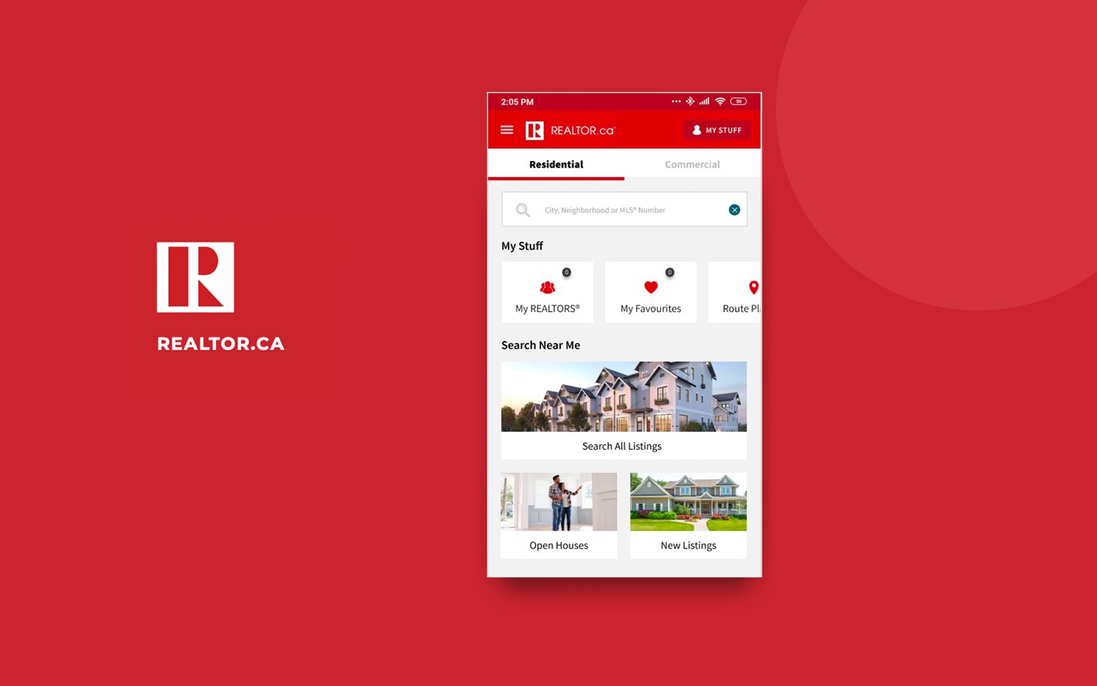 Redesigned home screen of a property-search app