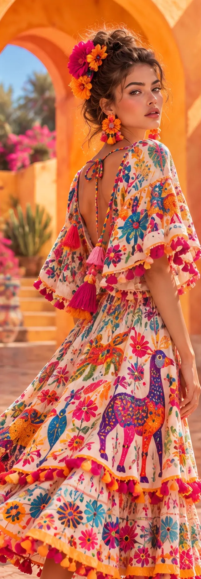 The model seen from behind under an orange arch, in a dress embroidered with a purple llama and flowers.