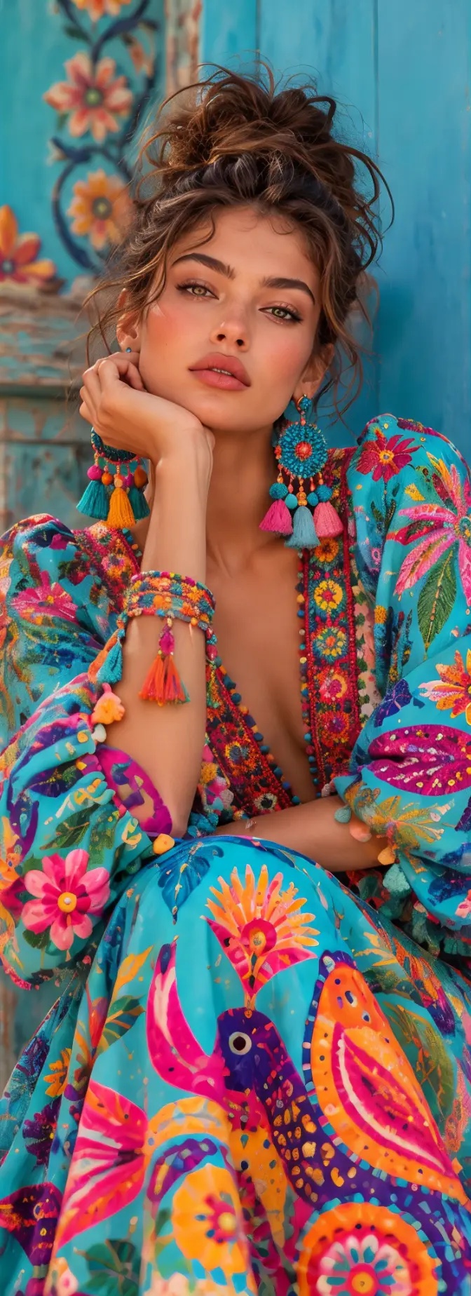 A close portrait in a turquoise dress covered in alebrije inspired birds and florals.