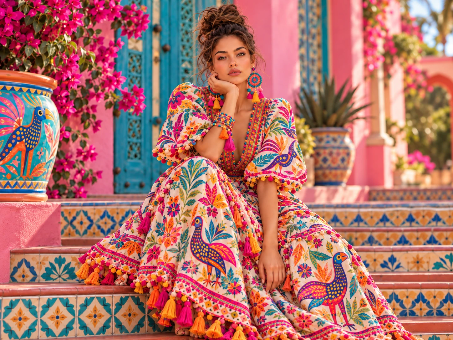 A model in a bohemian dress embroidered with alebrije birds and flowers, seated on tiled steps beside a painted folk art vase and bougainvillea.
