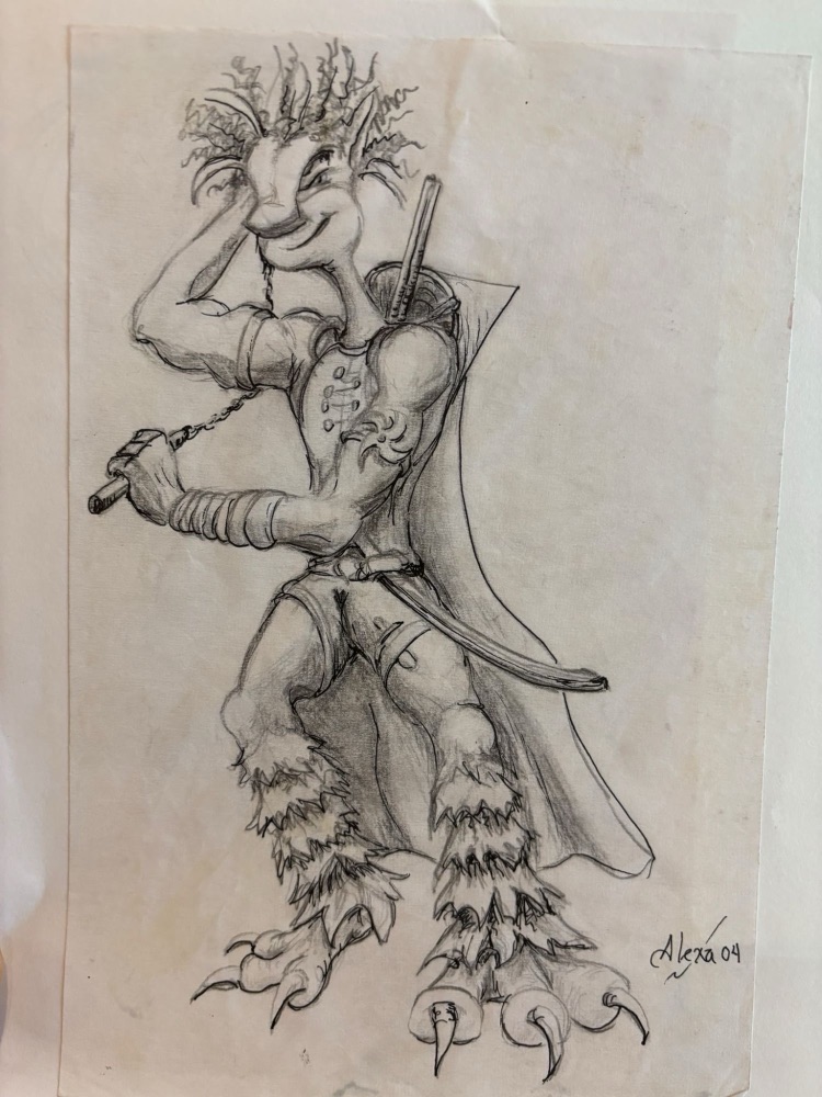 The original pencil sketch of the feline warrior, signed Alexa 04