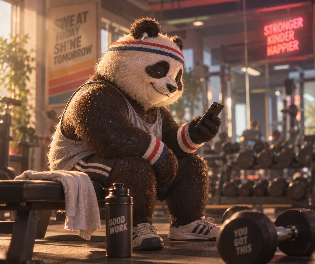 The panda character as an 80s gym regular, in a striped headband and wristbands, checking a phone on the weight bench under neon signs.