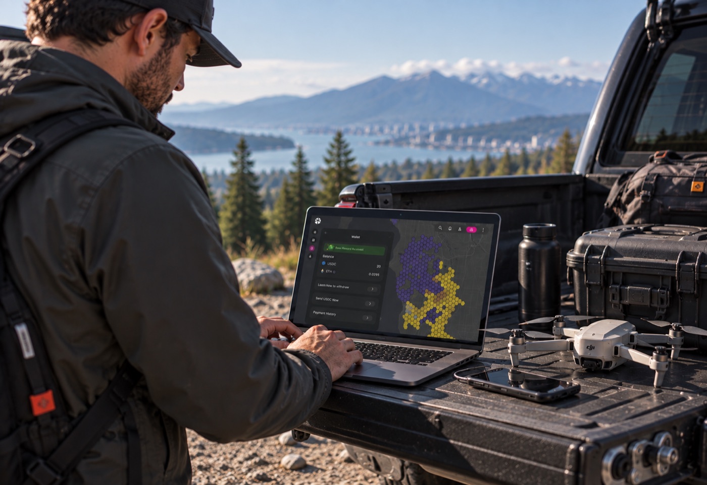 A Spexi drone pilot working on a laptop beside the drone at a mountain lookout