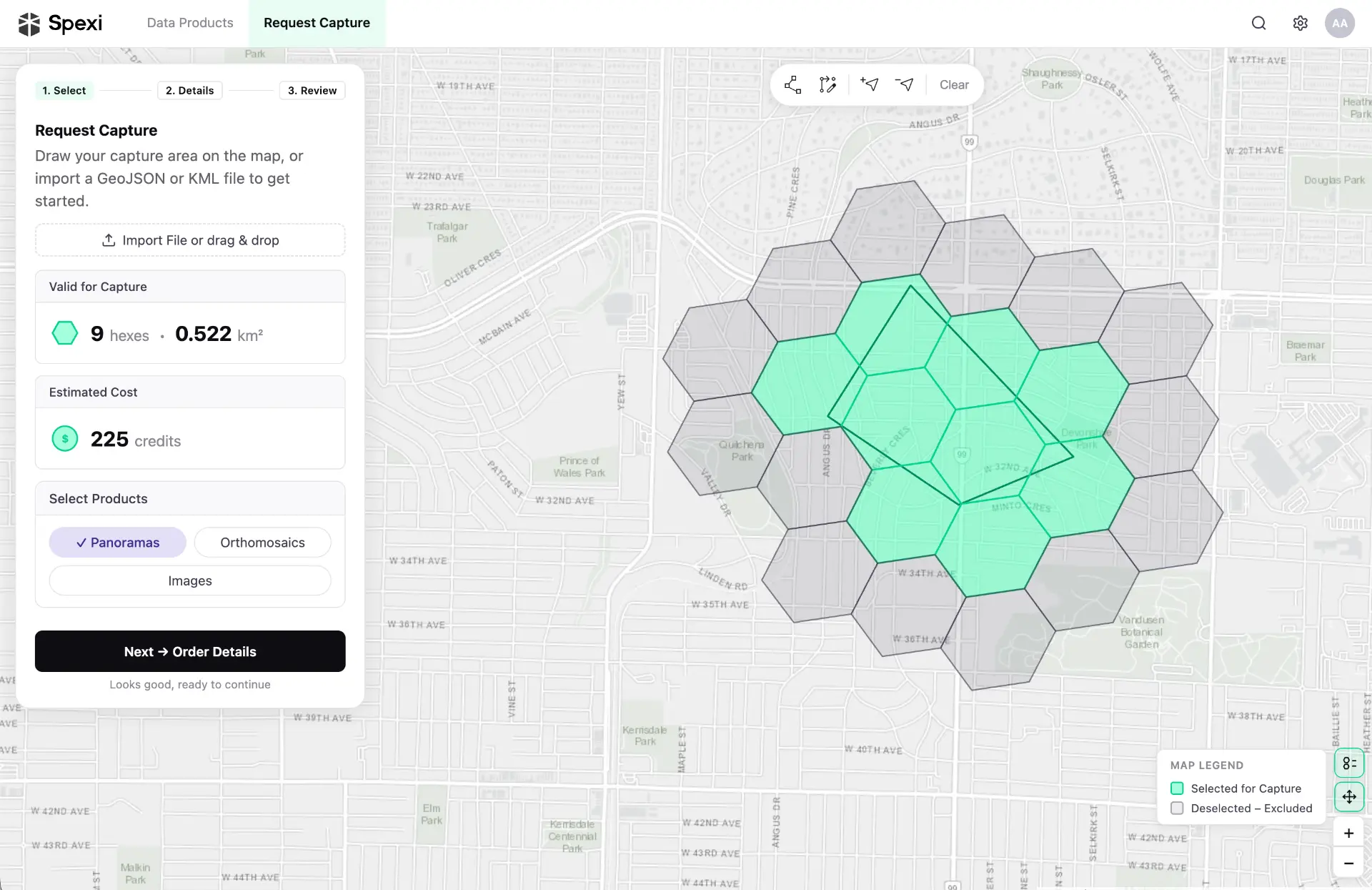 Spexi Request Capture screen: a map with selected hexagon capture areas, estimated cost and product options