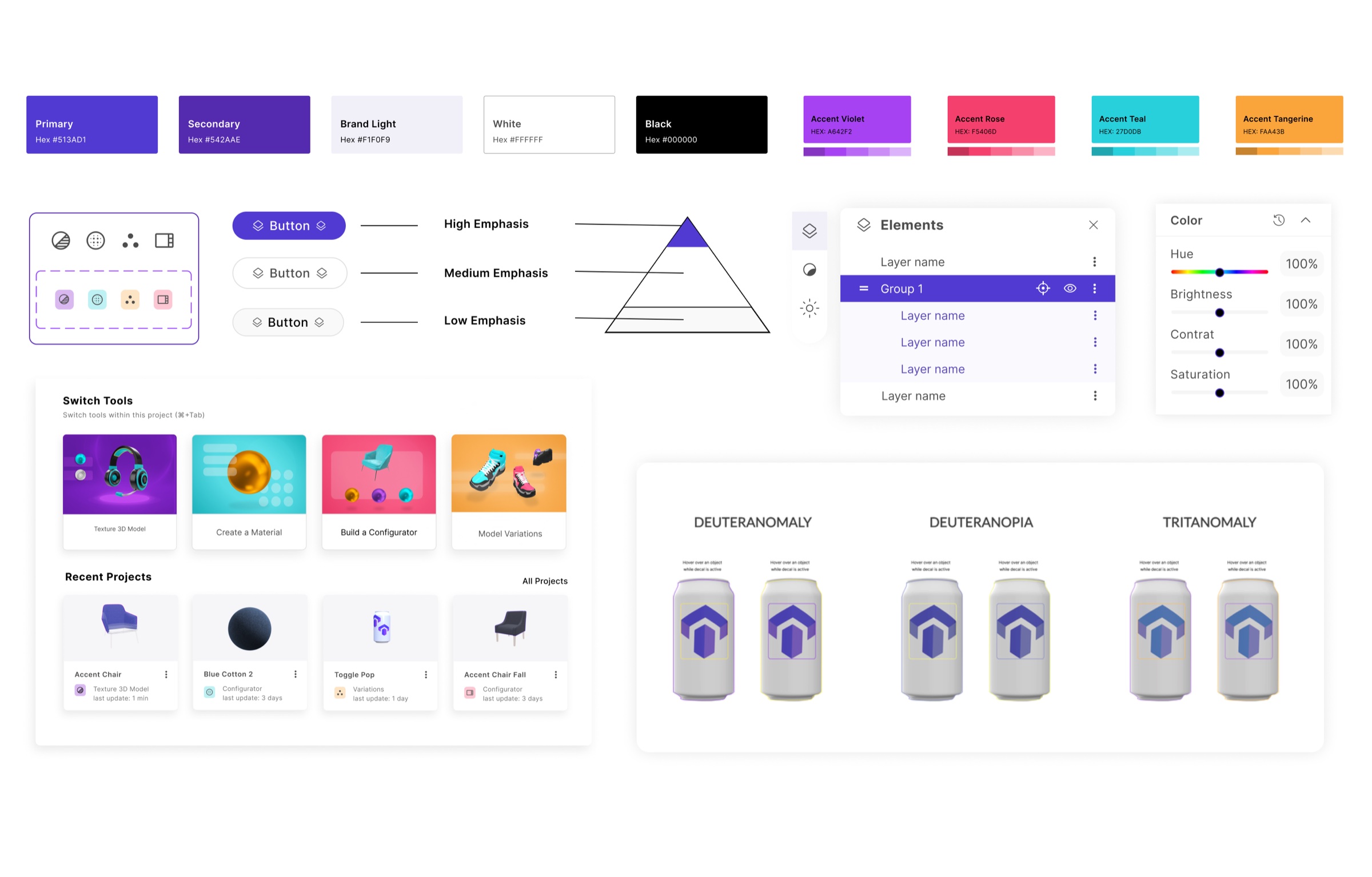 Toggle3D design system: brand palette with violet, rose, teal and tangerine accents, a three level button hierarchy, tool icons, the Elements layers panel, color controls, the Switch Tools and Recent Projects cards, and color blindness tests of the logo for deuteranomaly, deuteranopia and tritanomaly.