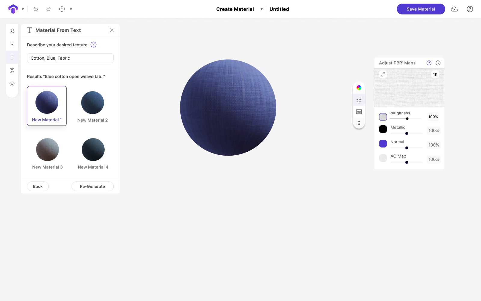 Generating a blue cotton fabric material from a text prompt in Toggle3D