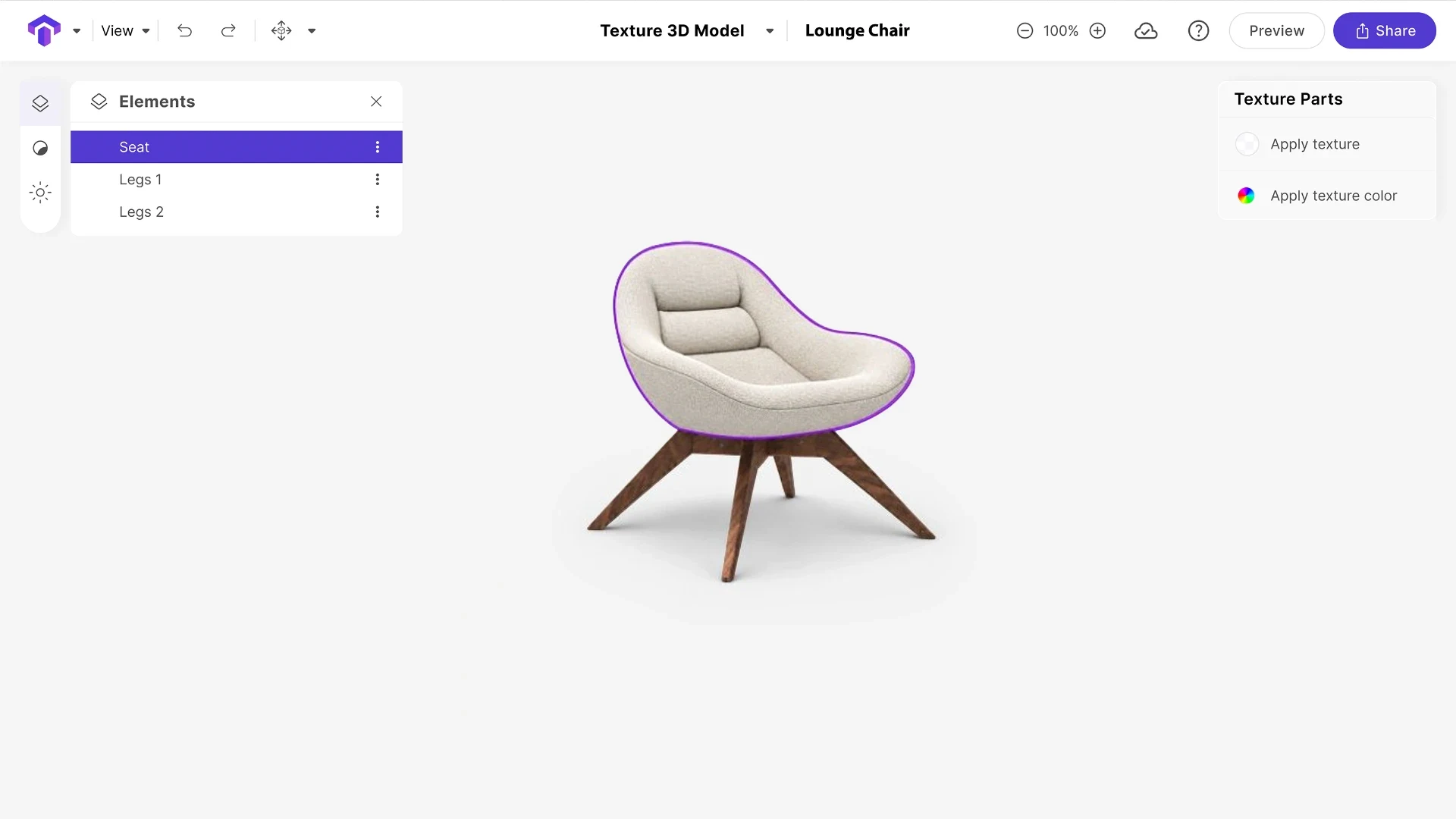 The redesigned Toggle3D editor: compact elements and texture panels around a lounge chair model.