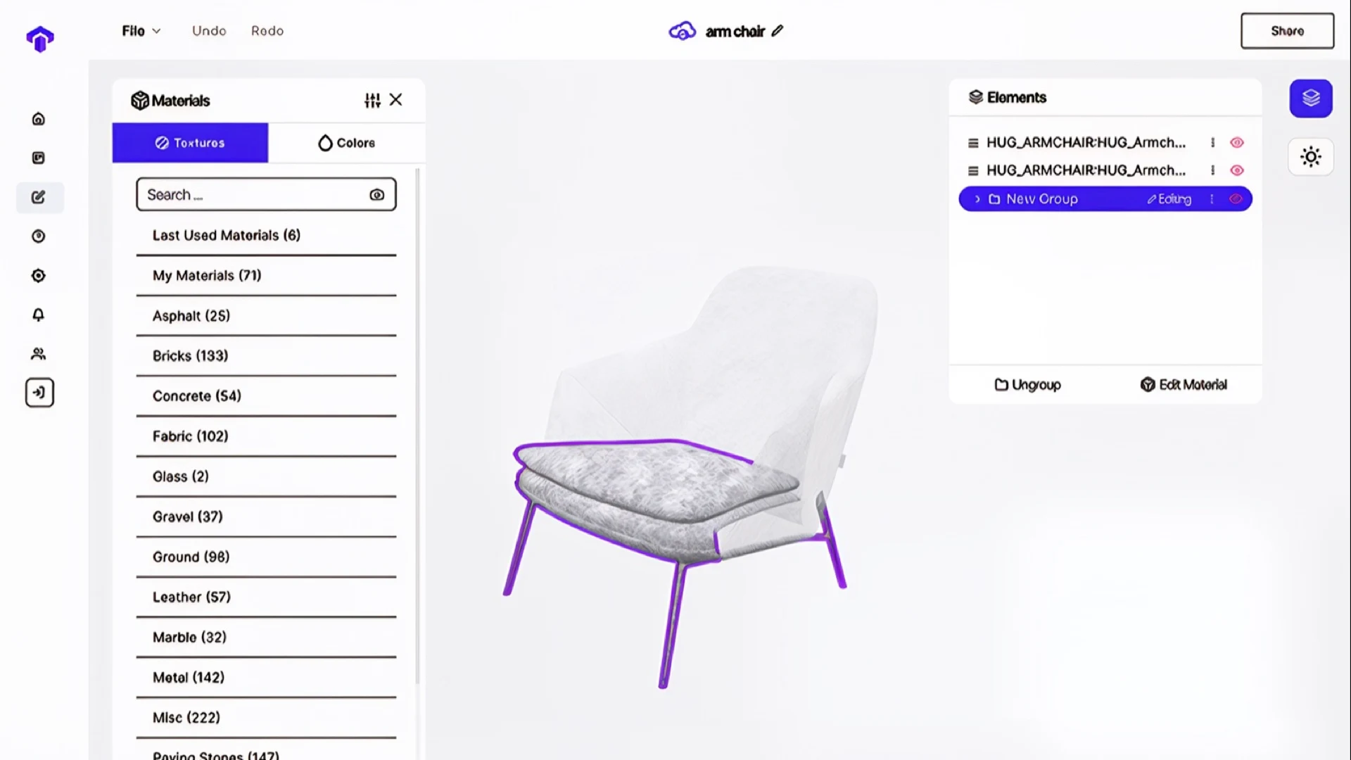 The Toggle3D editor before the redesign: a long materials list beside an arm chair model.