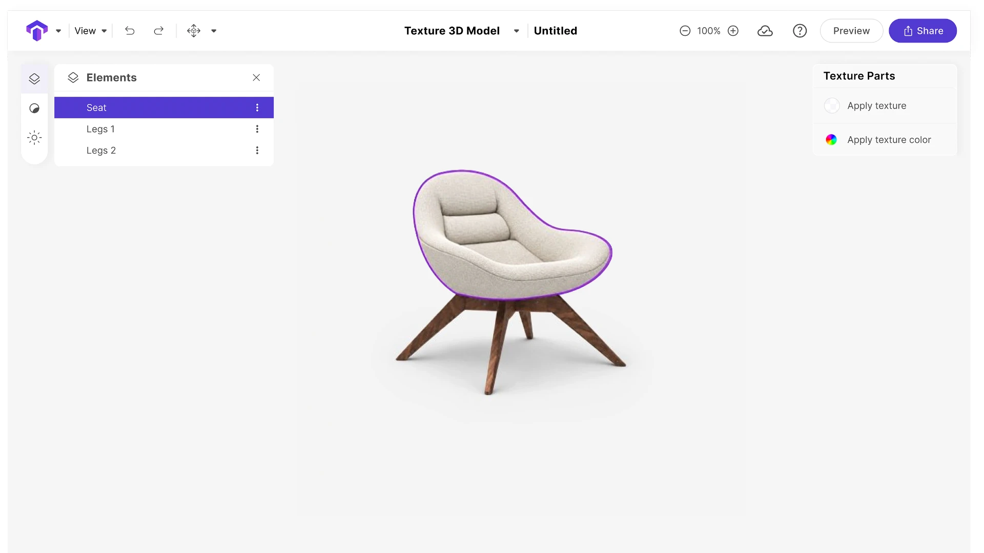 Toggle3D texture editor with a lounge chair model and its seat selected for texturing