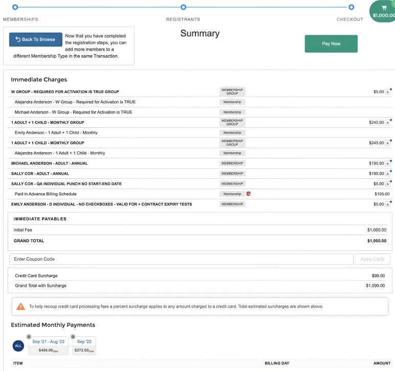 The original TractionRec cart summary: a dense table of membership charges, immediate payables, a coupon field and credit card surcharge lines, with estimated monthly payments below.